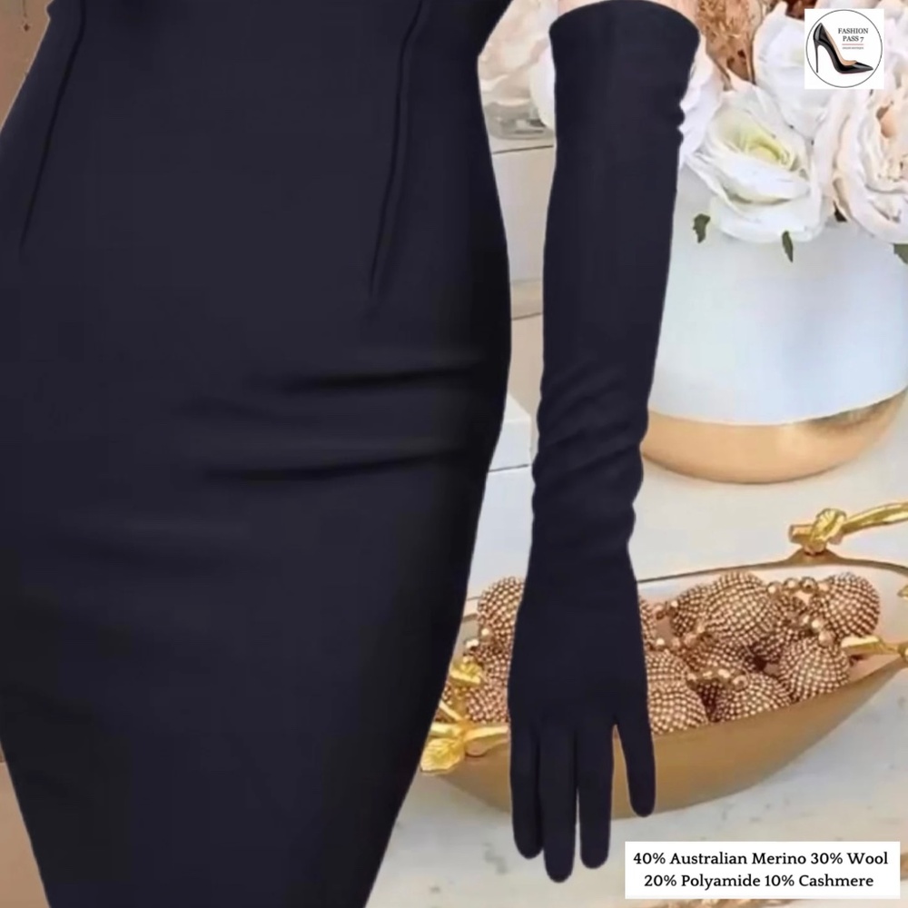 Long Cashmere Merino Wool Gloves Classical Black Opera Driving Winter Warm Glove